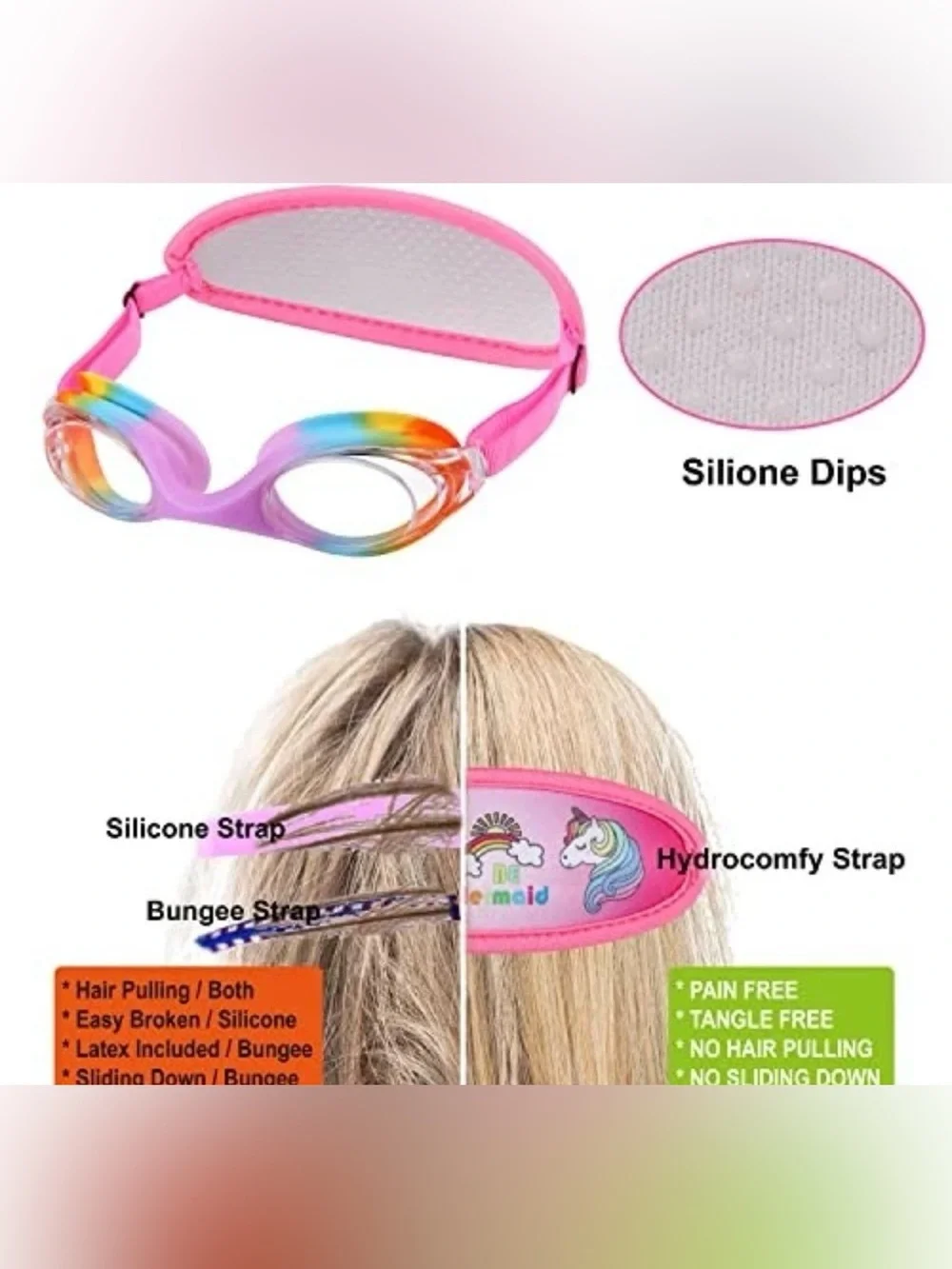 Kids Swim Goggles Age 3-8 Jr Rainbow Unicorn Case No Hair Pull Anti-Fog UV New